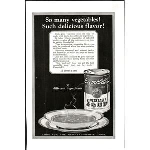VTG 1926 Campbells Vegetable Soup: So Many Vegetables 1920s Ephemera Print Ad
